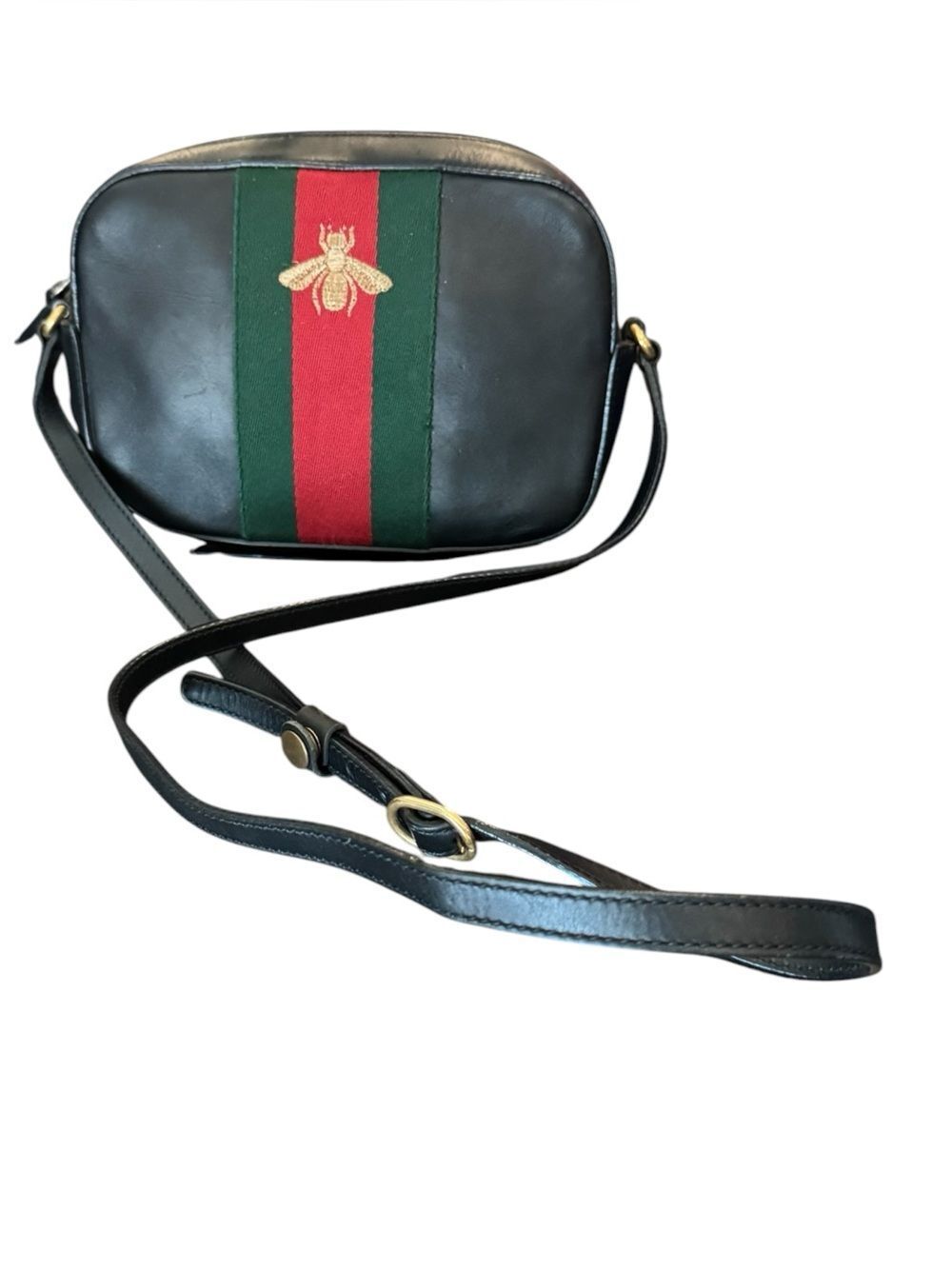 Gucci Black Leather Sherry Line Webby Bee Camera Crossbody Bag Auth